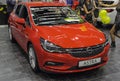 Serbia; Belgrade; April 2, 2017; New orange Opel Astra; the 53rd International Motor Show in Belgrade from March 24th to April