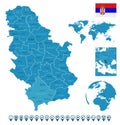 Serbia - detailed blue country map with cities, regions, location on world map and globe. Infographic icons