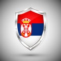 Serbia flag on metal shiny shield vector illustration. Collection of flags on shield against white background. Abstract isolated o