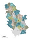 Serbia higt detailed map with subdivisions. Administrative map of Serbia with districts and cities name, colored by states and