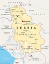 Serbia and Kosovo, landlocked countries in Southeast Europe, political map
