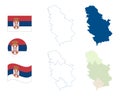 Serbia map. Detailed blue outline and silhouette. Administrative divisions and autonomous provinces. Country flag. Set of vector m