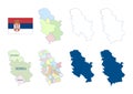 Serbia map. Detailed blue outline and silhouette. Administrative divisions. Autonomous provinces and districts. Country flag. Set