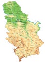 Detailed Serbia physical map with labeling.