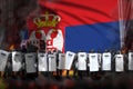 Serbia police guards on city street are protecting law against riot - protest fighting concept, military 3D Illustration on flag