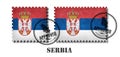 Serbia or serbian flag pattern postage stamp with grunge old scratch texture and affix a seal on isolated background . Black color