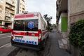 Serbian ambulance from the hitna pomoc services, a van, on standby on a street waiting for emergency intervention