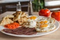 Serbian breakfast with eggs, ham, cheese, ajvar and homemade bread