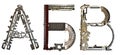 Serbian Cyrillic alphabet, letters `A, Ãâ, B` Latin A, B, V, assembled from metallic parts