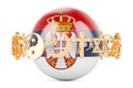 Serbian flag painted on sphere with religions symbols around, 3D rendering