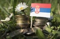 Serbian flag with stack of money coins with grass Royalty Free Stock Photo