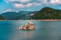 Serbian flag waving on a pole at a lonley island in the middle of Zaovine lake, Tara mountain Royalty Free Stock Photo