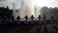 Serbian folklore dancing around the fountain in beautiful medical spa wellness center Banja Koviljaca