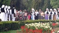 Serbian folklore dancing around the fountain in beautiful medical spa wellness center Banja Koviljaca Royalty Free Stock Photo