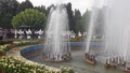 Serbian folklore dancing around the fountain in beautiful medical spa wellness center Banja Koviljaca