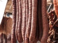 Serbian Kulen Kobasica sausage, handmade, hanging and drying in the coutryside of Serbia.