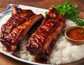 Serbian ribs, steamed rice, garnish