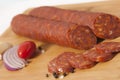 Dry pork sausage slices slightly hickory smoked Royalty Free Stock Photo