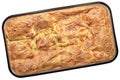 Traditional Serbian Crumpled Cheese Pie Gibanica In Heavy Duty Enameled Baking Pan Isolated On White Background