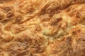 Freshly Oven Baked Serbian Gibanica Crumpled Cheese Pie Golden Crispy Crust Detail