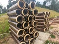 Vitrified clay pipe stacked at the construction site.