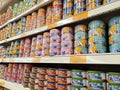 Selected focused on tuna fish fillet in the metal can and displayed for sale on shelves in the supermarket. Royalty Free Stock Photo