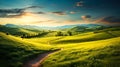 Serenade of Nature: Picturesque Winding Path Through Green Grass Field in Hilly Morning Dawn, Spring and Summer Panorama