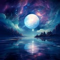 Serene abstract landscape with iridescent moon and reflective sea