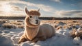 Cute Alpaca Resting in Winter Snow with a Soft Expression and Scenic Background Royalty Free Stock Photo