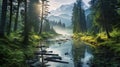 Serene Alpine Lake Amidst Towering Trees & Snow-Capped Mountains