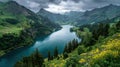 Serene alpine lake surrounded by mountains under a cloudy sky Royalty Free Stock Photo