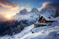 Serene Alpine Winter Hut Amidst Breathtaking Scenery. AI Royalty Free Stock Photo