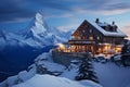 Serene Alpine Winter Hut Amidst Breathtaking Scenery. AI Royalty Free Stock Photo