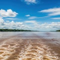 Serene amazon river journey under a vast blue sky and white clouds illustration Royalty Free Stock Photo