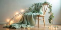 Serene ambiance of a soft, pale green throw draped artistically over a light wood chair, adorned with delicate string lights and Royalty Free Stock Photo