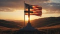 Serene American Landscape with Flag and Cross at Sunset Royalty Free Stock Photo