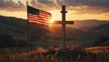 Serene American Landscape with Flag and Cross at Sunset Royalty Free Stock Photo