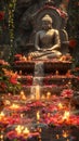 Buddha Statue In Ornate Temple. Lanterns And Candles, Flowers, and Offerings in Vesak, AI Generated Royalty Free Stock Photo