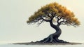 Serene ancient tree with twisted trunk and golden leaves on a misty plain. Generative AI Royalty Free Stock Photo
