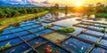 Serene aquatic farm at golden hour numerous rectangular fishponds with vibrant koi. Generative AI Royalty Free Stock Photo