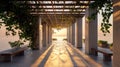 A serene architectural space with columns and vines overlooking a tranquil sunset