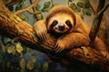 A serene artwork depicting a sloth peacefully perched on a tree branch amidst a lush green forest., A sloth hanging upside down