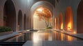 Serene Autumn Courtyard With Reflecting Pool And Arched Walls Royalty Free Stock Photo