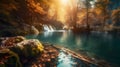 Serene Autumn Forest Waterfall with Golden Foliage and Crystal Clear Water in a Tranquil Natural Setting Royalty Free Stock Photo