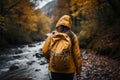 Serene autumn hiking trail active woman exploring the picturesque forest amidst fall foliage