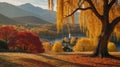 Golden Autumn Landscape: Majestic Weeping Willow Overlooking Colorful Valley Royalty Free Stock Photo