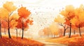 Serene Autumn Landscape Illustration With Colorful Falling Leaves