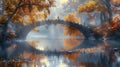 Serene autumn morning realistic stone bridge over tranquil river, colorful trees, crisp reflections Royalty Free Stock Photo