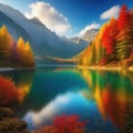 Serene autumn mountain forest with a picturesque lake immersed in vibrant colors and volumetric light