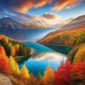 Serene autumn mountain forest with a picturesque lake immersed in vibrant colors and volumetric light